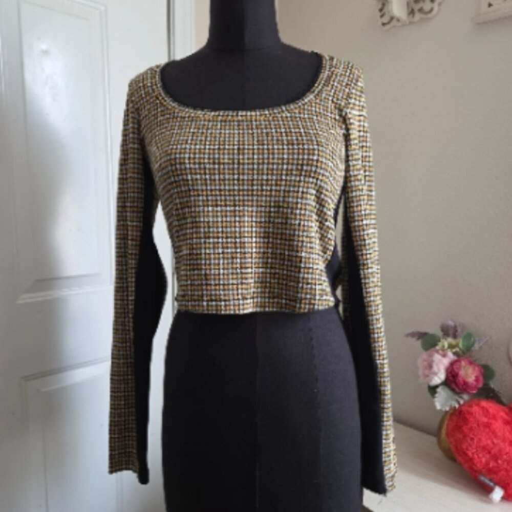Free People Long Sleeve Plaid Top w/ Lace Detail M